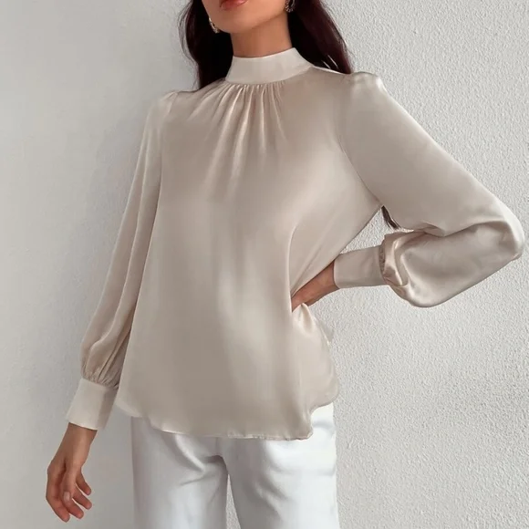 Classic High Neck pleated Satin long sleeve Top - Picture 8 of 11